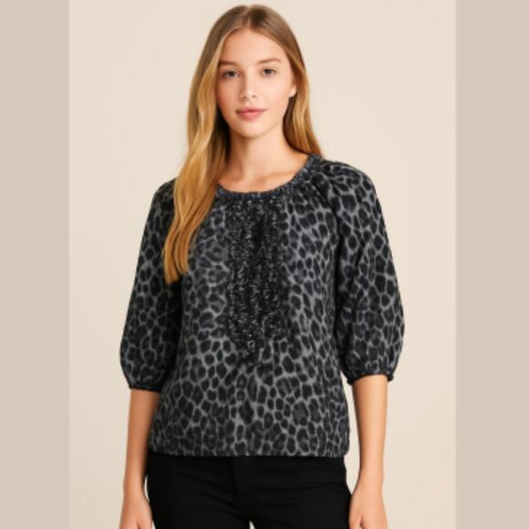 EXPRESS Gray Leopard Animal Print Ruffle 3/4 Sleeve Blouse size Small - Picture 1 of 10